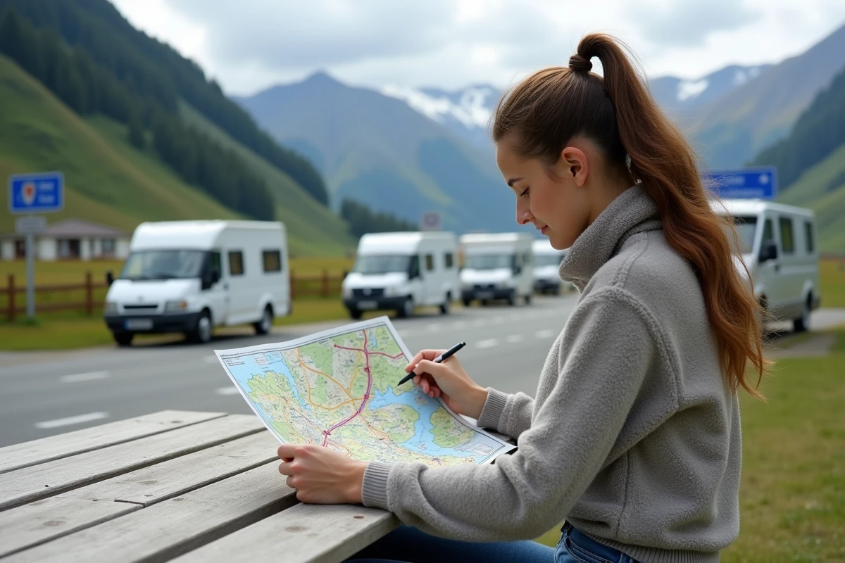 Jeune femme trace un itinéraire sur une carte en camping
