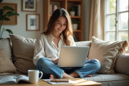 Jeune femme assise sur un canapé avec son ordinateur et magazine
