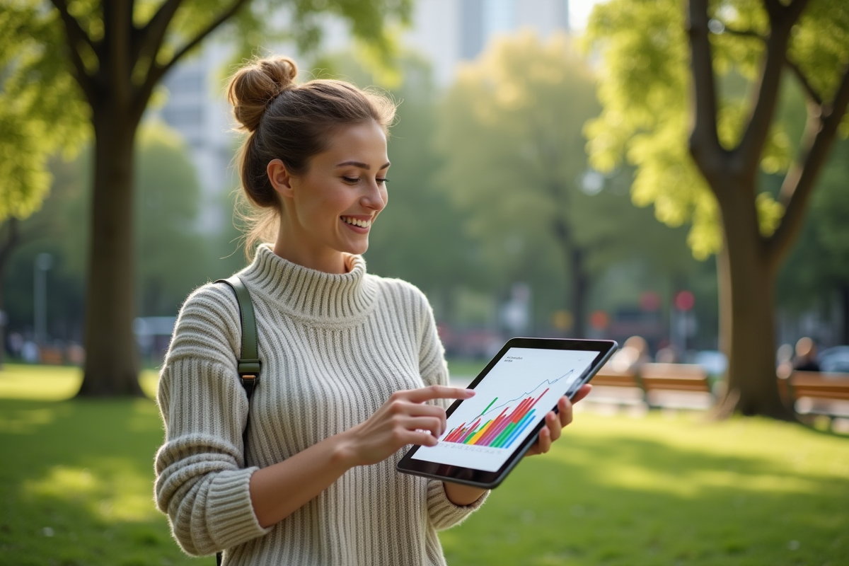 Jeune femme dans un parc urbain avec une tablette
