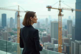 Femme d affaires observant un chantier urbain depuis un toit