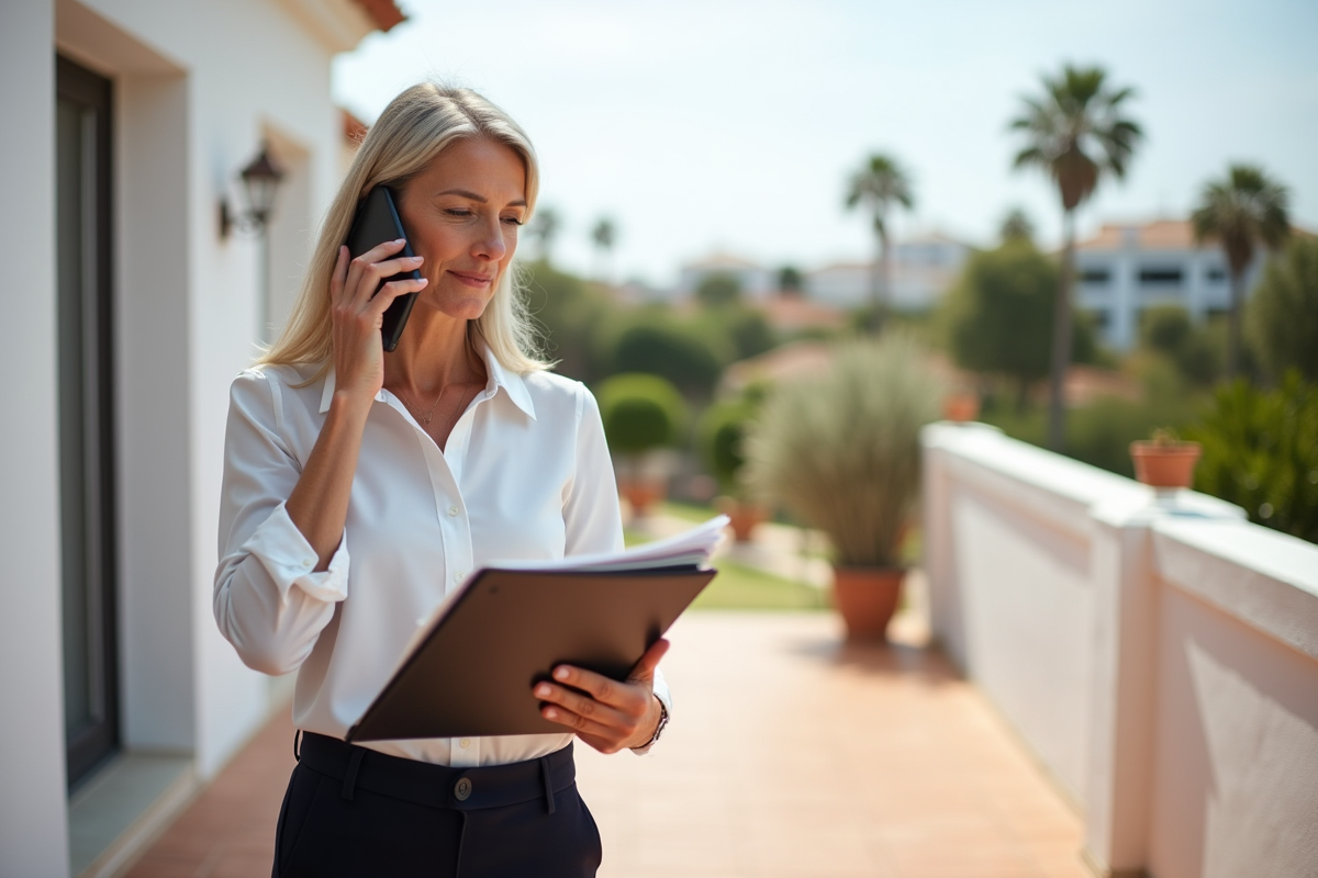 Femme confiante parlant au téléphone sur la terrasse d
