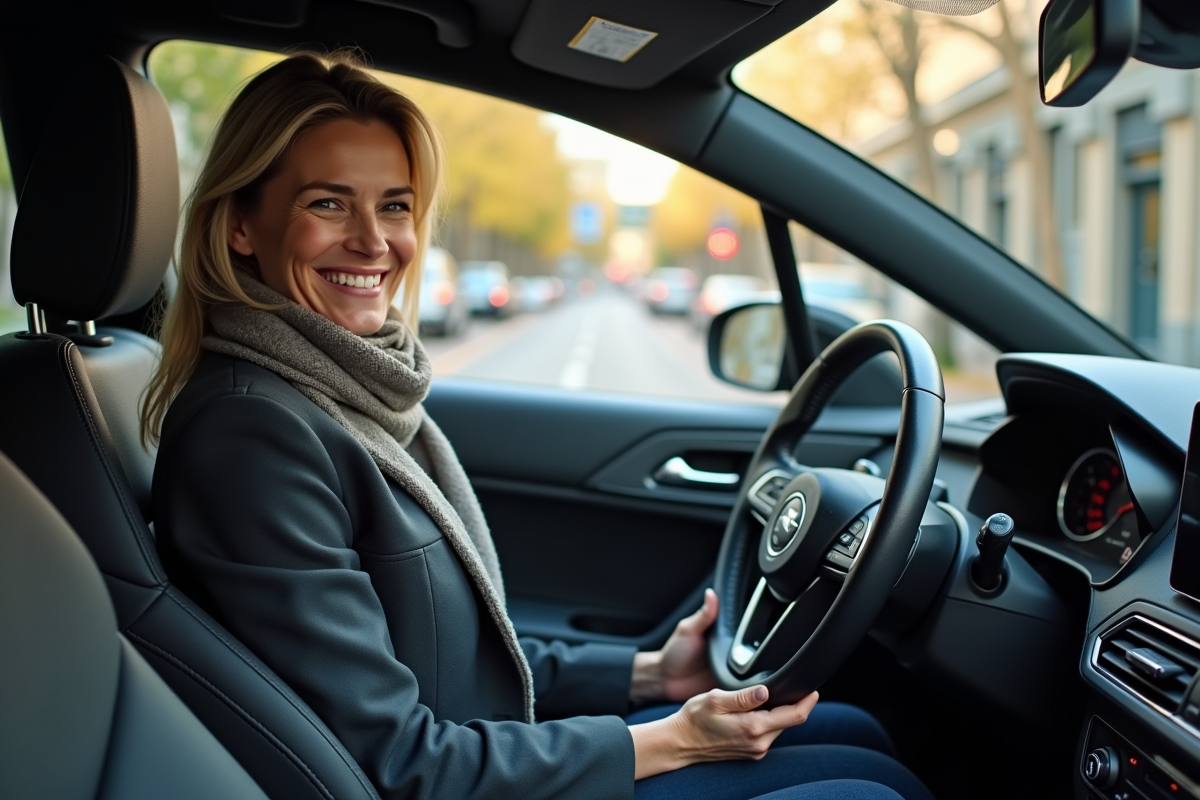 Femme souriante dans une voiture en ville moderne