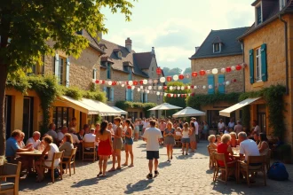 Fête de village animée sur une place en pierre typique de l'Aveyron avec habitants en liesse, fanfare et décorations colorées