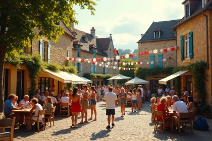 Fête de village animée sur une place en pierre typique de l'Aveyron avec habitants en liesse, fanfare et décorations colorées