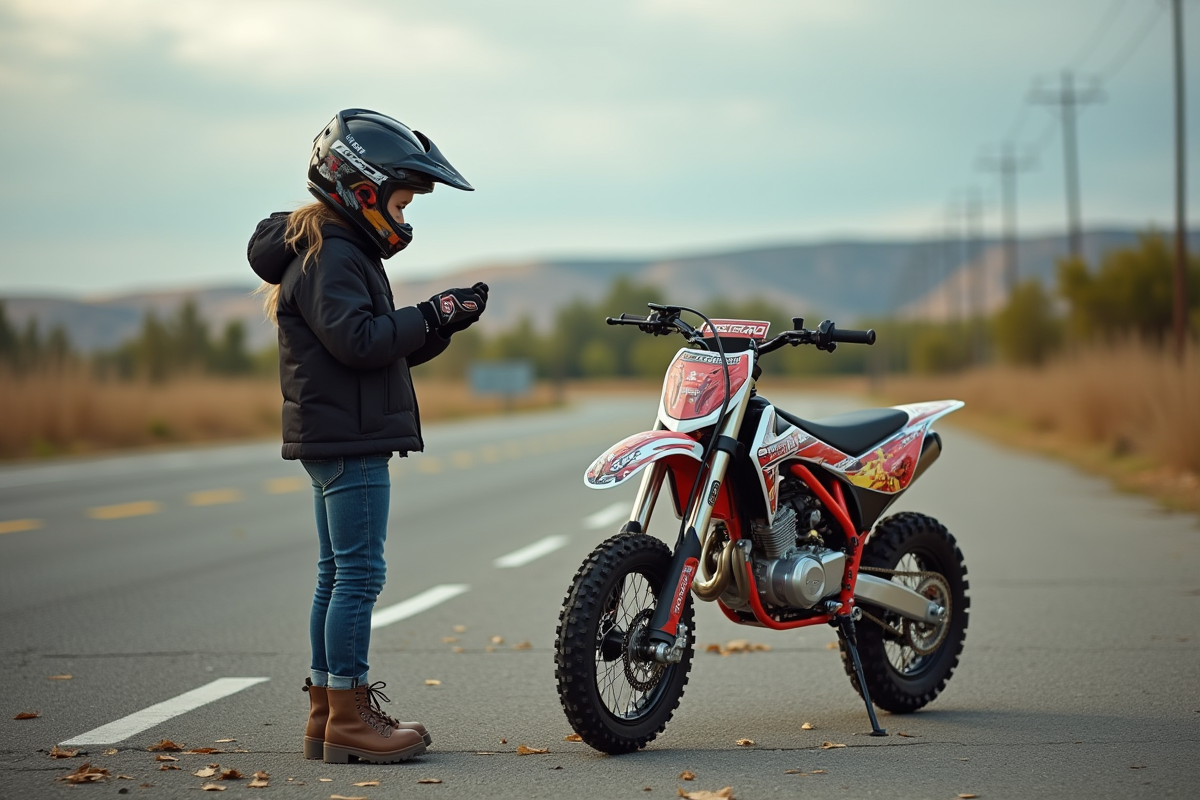 Fille de 13 ans ajustant ses gants à côté de sa moto
