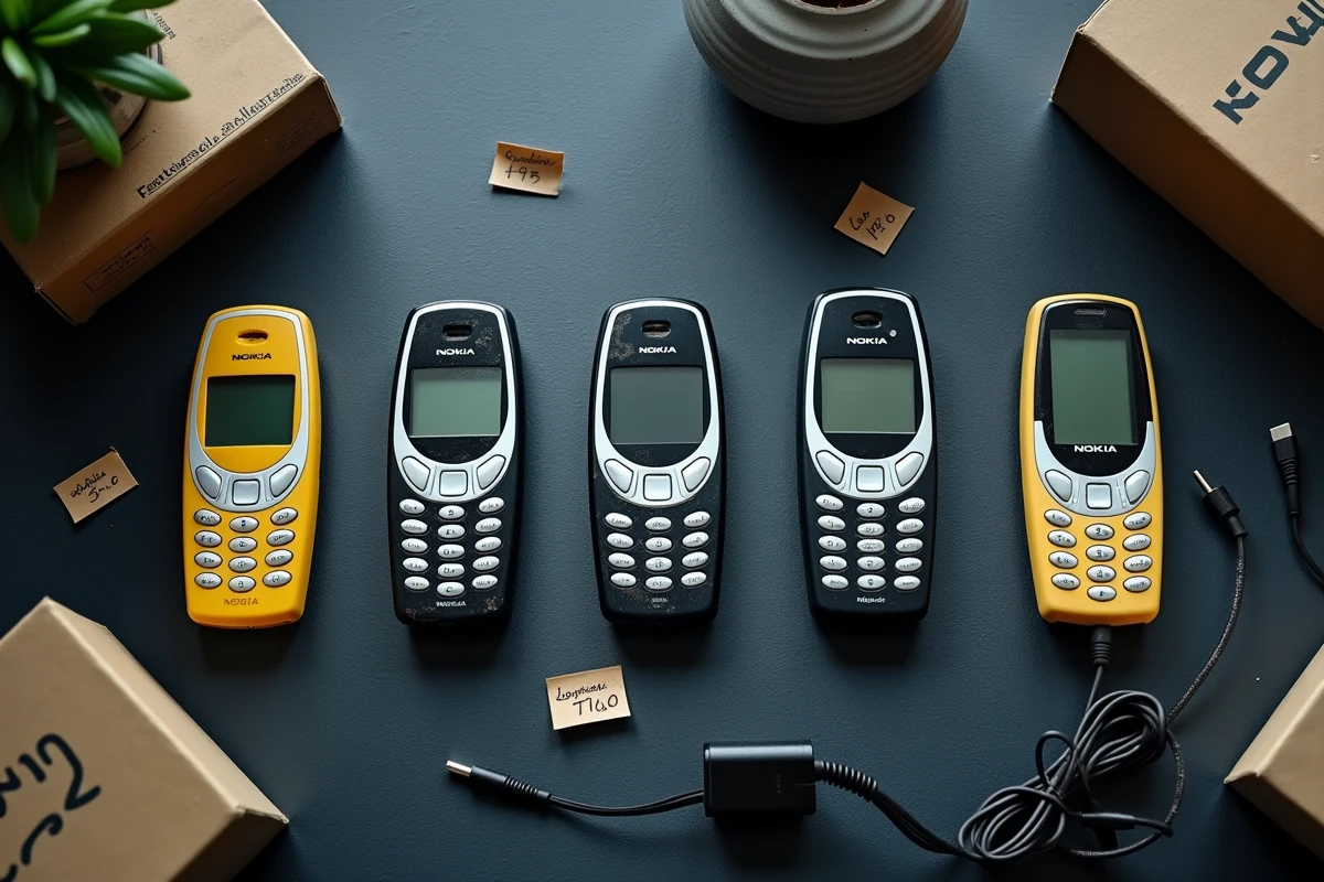 Flat lay de cinq téléphones Nokia vintage collectibles sur fond ardoise avec étiquettes de collectionneur et accessoires d'époque