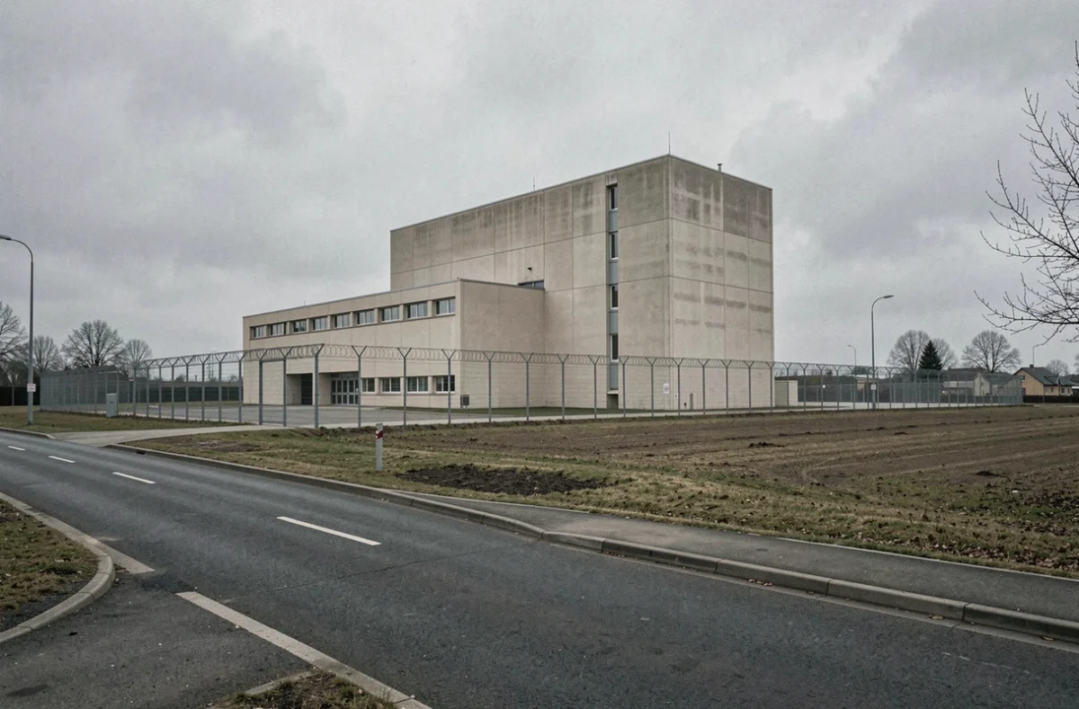 Vue extérieure du site pénitentiaire de Fleury-Mérogis entouré de grillages et de barbelés dans un paysage suburbain plat
