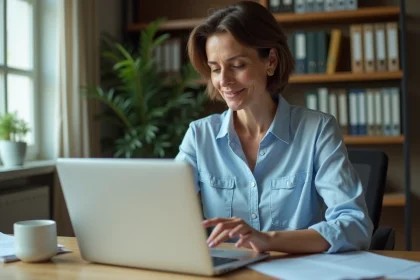 Femme remplissant un formulaire administratif en ligne sur un ordinateur portable dans un bureau à domicile