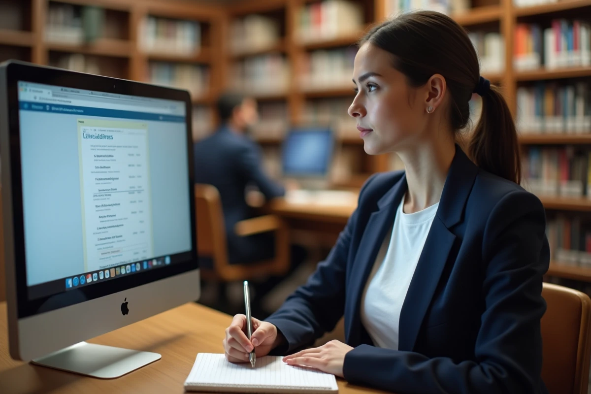 Jeune femme remplissant un formulaire administratif en ligne dans une bibliothèque publique avec des notes manuscrites