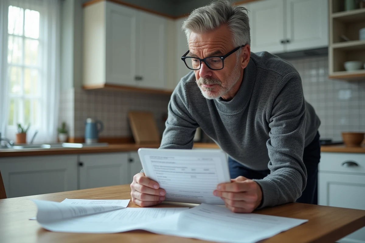 Homme consultant des documents administratifs papier et un formulaire en ligne sur tablette dans une cuisine