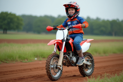 Jeune garçon de 15 ans en tenue motocross souriant sur sa moto