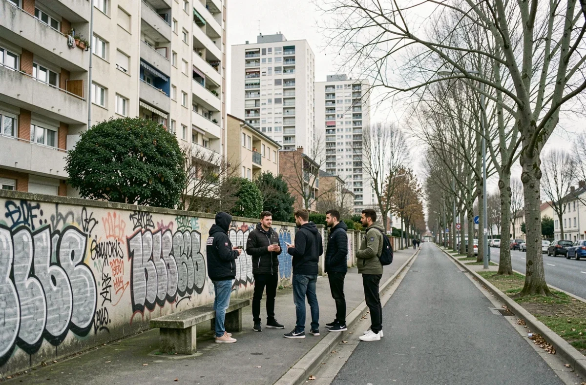 Rue suburbaine à Garges-lès-Gonesse avec tours HLM, mur tagué et jeunes adultes discutant sur le trottoir