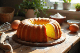 Gâteau pound doré fait maison sur une table en bois avec ingrédients