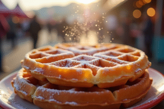 Gaufre belge fraîche avec sucre glace en extérieur