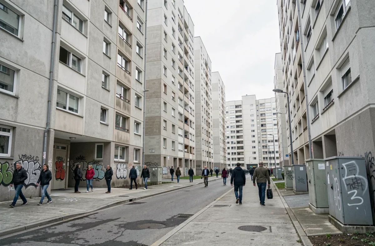 Cité de la Grande Borne à Grigny en Essonne avec tours HLM, allées en béton et résidents adultes