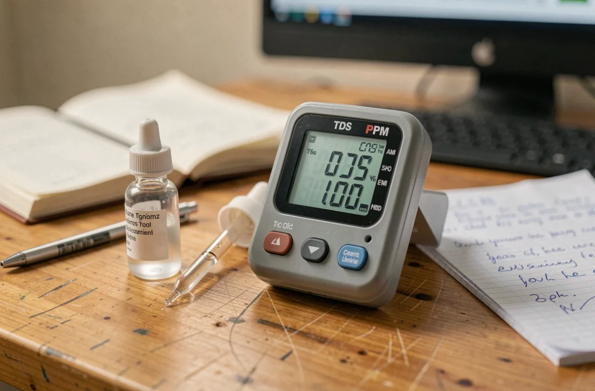 Gros plan d'un mesureur PPM numérique posé sur un bureau de laboratoire avec notes de calibration et solutions d'analyse