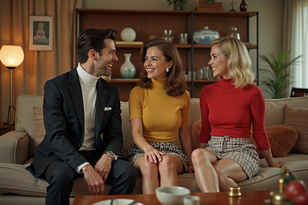 Groupe d amis en mode 1960 dans un salon rétro