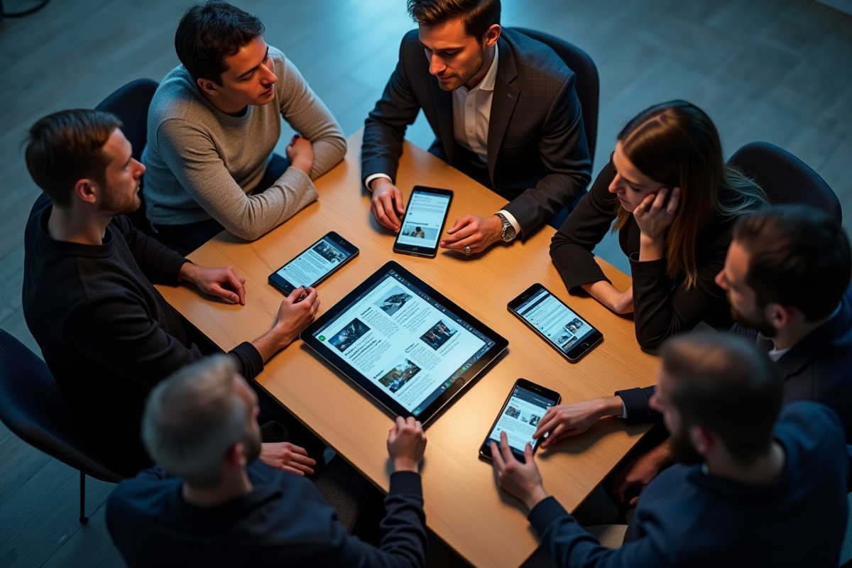 Groupe en discussion autour de table avec smartphones et tablettes