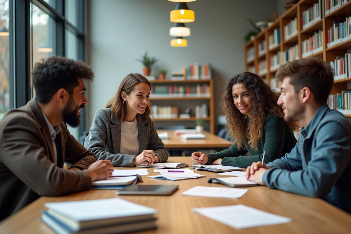 Groupe d etudiants en bibliothèque en discussion