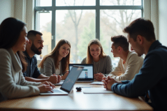 Groupe d'étudiants divers utilisant Blackboard en groupe