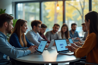 Groupe d'étudiants divers utilisant des ordinateurs dans un espace lumineux