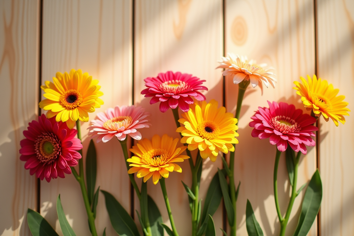 Groupe de fleurs tshaped sur une table en bois clair