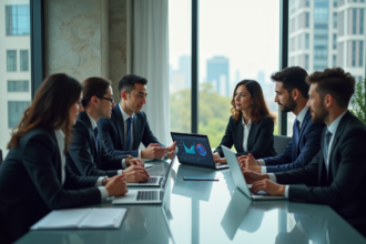 Groupe de professionnels discutant autour d'une table moderne