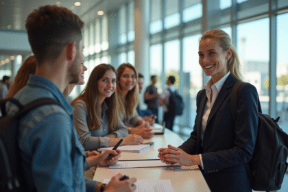 Jeune guide accueillant touristes à l'aéroport