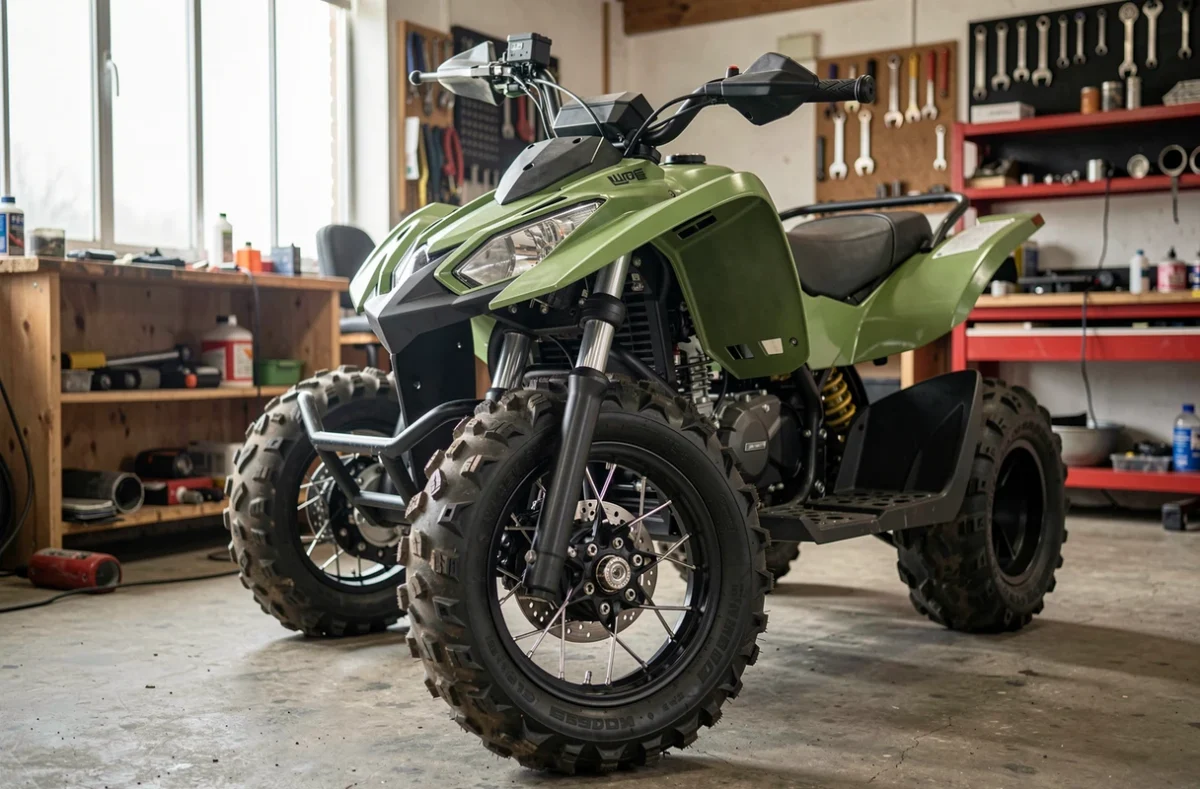 Guidon et roue avant d'un quad dans un atelier