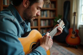 Guitariste plaçant un capodastre sur le manche d'une guitare acoustique en bois, dans un salon musical chaleureux
