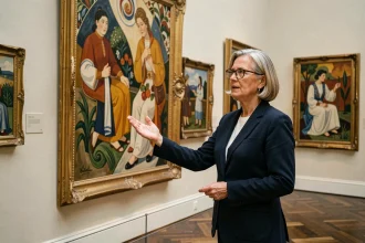 Historienne de l'art devant une peinture Nabi dans un musée parisien, expliquant les caractéristiques des peintres français du 20ème siècle