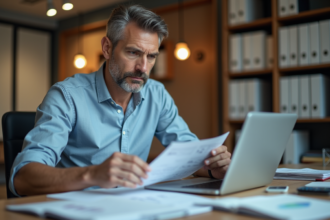 Homme d'affaires en bureau analysant des rapports