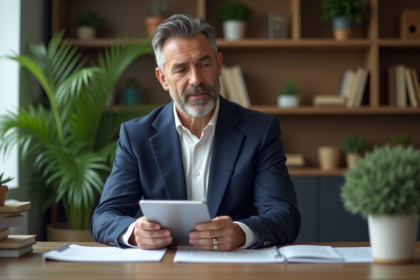 Homme d'affaires en costume navy dans un bureau moderne