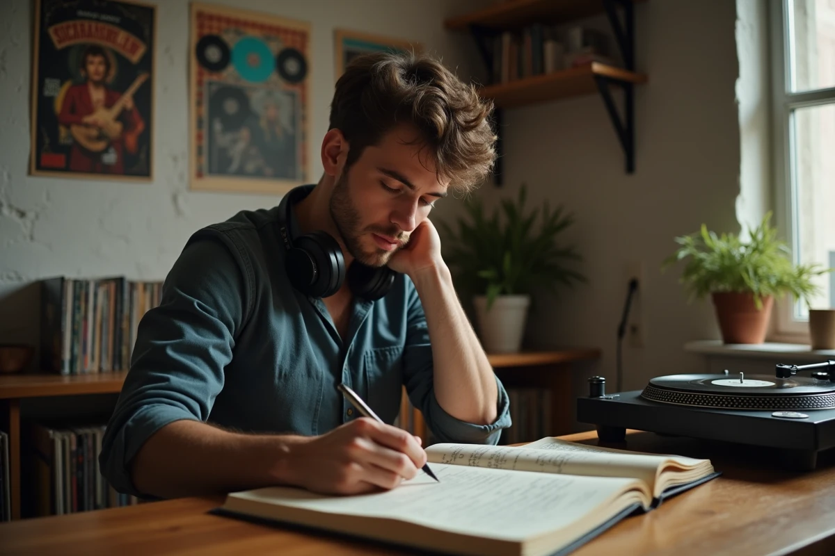 Jeune homme analysant des paroles de chanson dans un appartement chaleureux décoré de vinyles, en référence à l'analyse de Elle me dit de Mika
