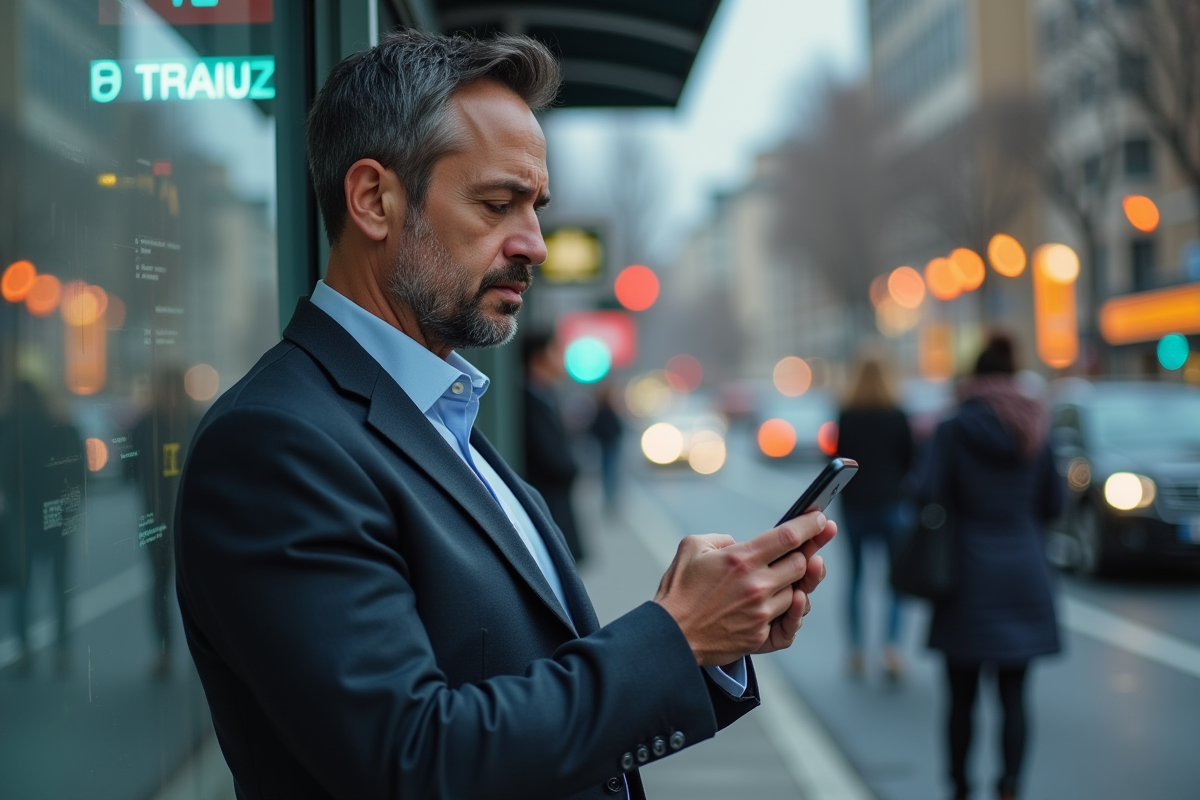Homme d age moyen regardant son smartphone dans la ville