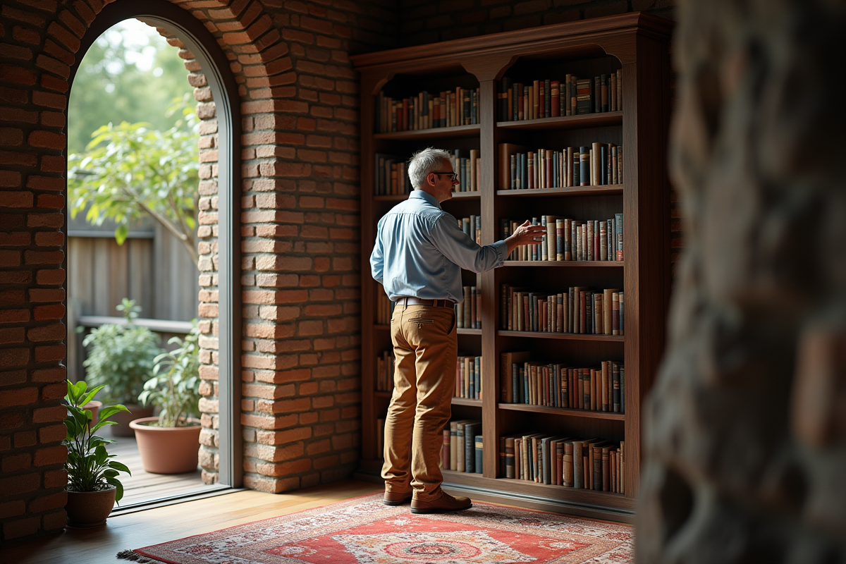Homme d age organisant des livres dans une bibliothèque attic