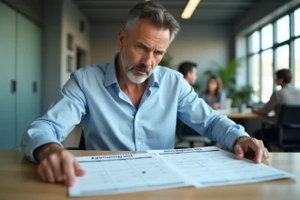 Un homme en chemise bleue analyse un calendrier papier et un planning de jours travaillés dans un bureau moderne