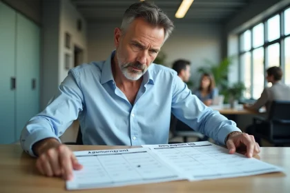 Un homme en chemise bleue analyse un calendrier papier et un planning de jours travaillés dans un bureau moderne
