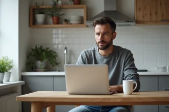 Homme en sweat gris regardant YouTube sur son laptop dans la cuisine