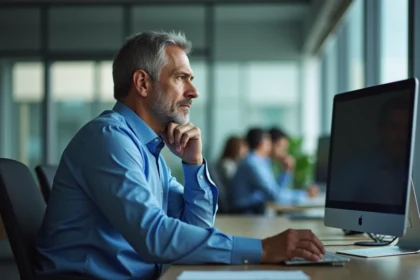 Homme d affaires pensif au bureau reflet d incertitude