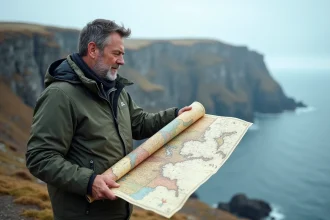 Homme d'âge moyen regardant une carte du monde sur la côte nord