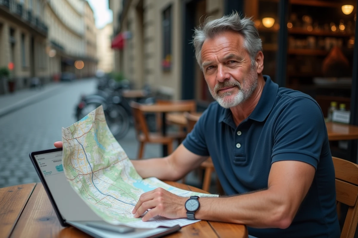 Homme comparant une carte routière papier et une application numérique de conversion de distances en terrasse de café