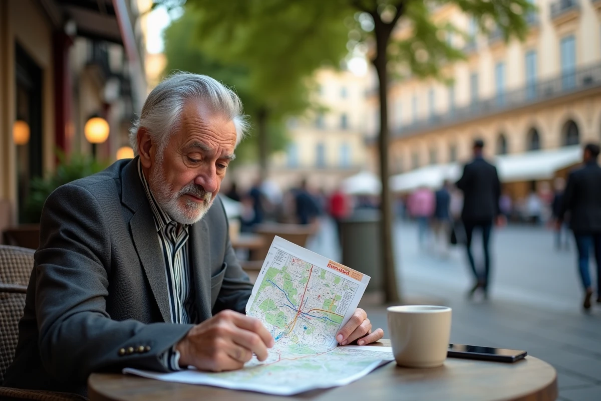 Homme âgé étudiant une carte de Toulouse au café