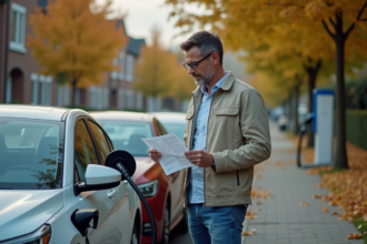Homme lisant facture devant sa voiture hybride en extérieur