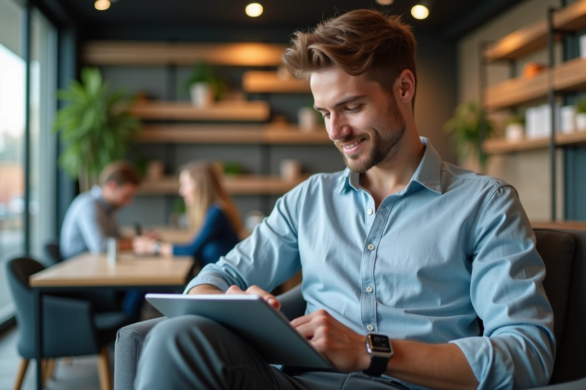 Jeune homme concentré jouant à Motus dans un espace de coworking