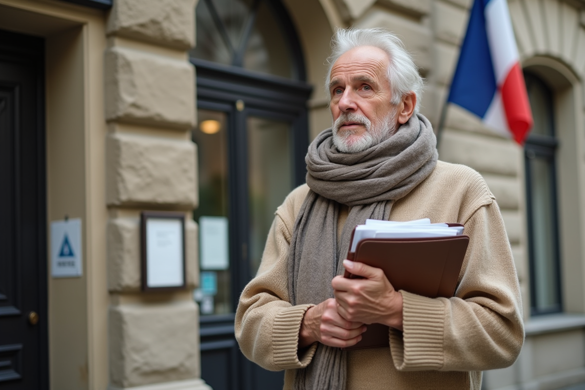 Homme âgé avec dossier devant mairie