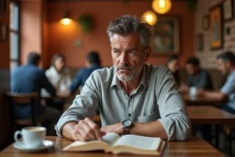 Homme brésilien consultant un dictionnaire de portugais dans un café pour comprendre le mot grossier karaï