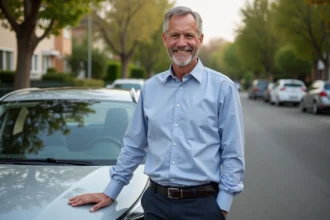 Homme d'âge moyen souriant à côté d'une voiture compacte dans un quartier résidentiel