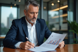 Homme d'affaires en costume bleu analysant un graphique financier