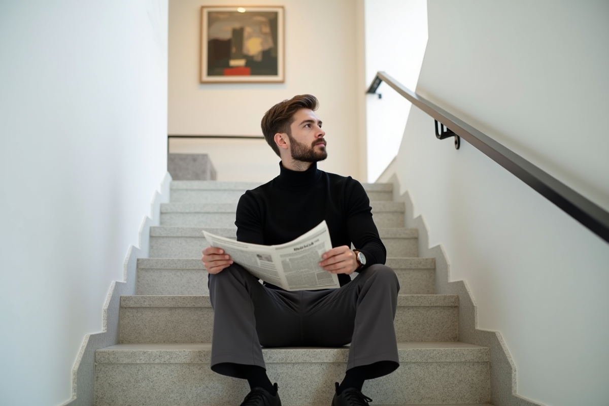 Jeune homme en pantalon charcoal dans une galerie d